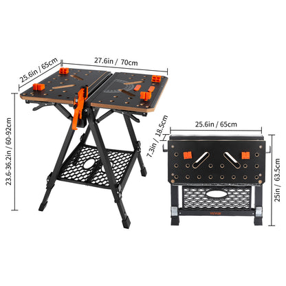 VEVOR Folding Work Table, 2-in-1 as Sawhorse & Workbench, 1000 lbs Capacity, 7 Adjustable Heights, Steel Legs, Portable Foldable Tool Stand with Wood Clamp, 4 Bench Dogs, 2 Hooks, Easy Garage Storage