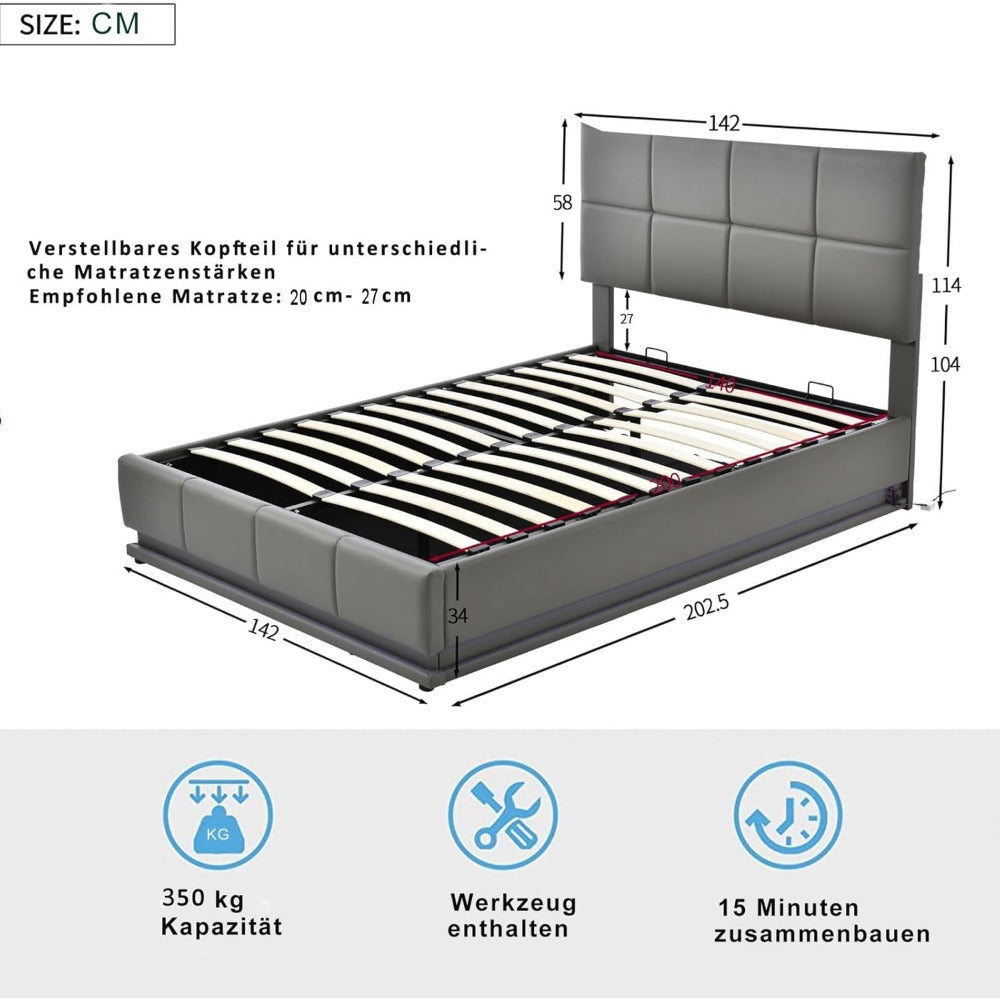Gestoffeerd Tweepersoonsbed – Opbergbed – Boxspringbed – Led Bed – Slaapbank – Grijs – Met Hydraulische Lift – 16-kleuren LED-verlichting