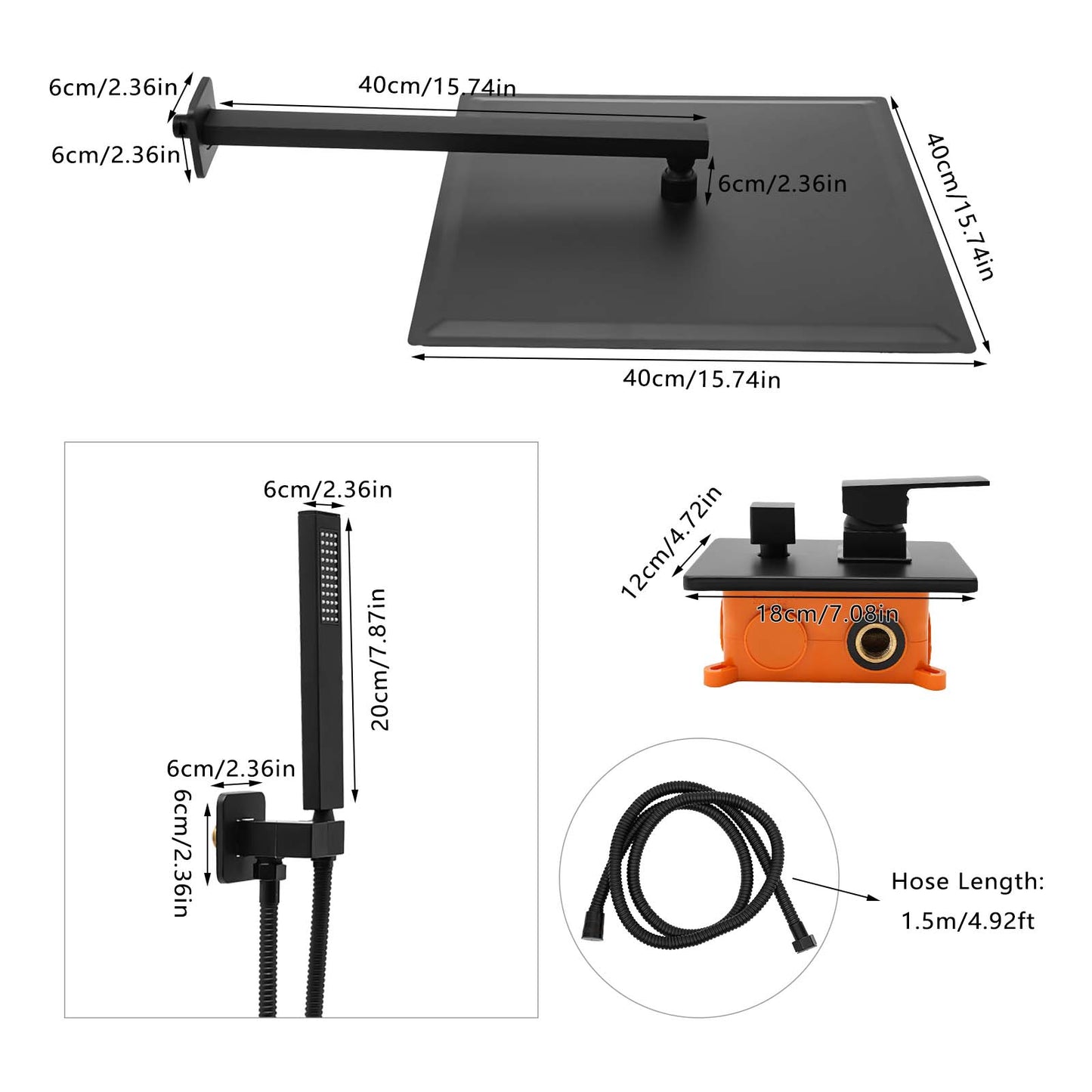 Inbouwdoucheset – Doucheset – Regendouche – Handdouche – Douchearmatuur – Zwart – 40x40 cm Regenkop – Roestvrijstalen Slang 1,5m