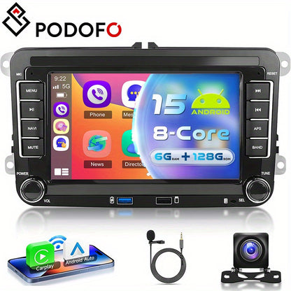 Podofo Android 15 Car Stereo for VW Golf 5/6, Passat, Jetta, Tiguan,, Caddy & More - 8-Core 6GB+128GB, 7-inch/9-inch HD IPS Touchscreen, CarPlay/Android Auto, GPS Navigation, Steering Wheel Control, Plug & Play (No Cables), A