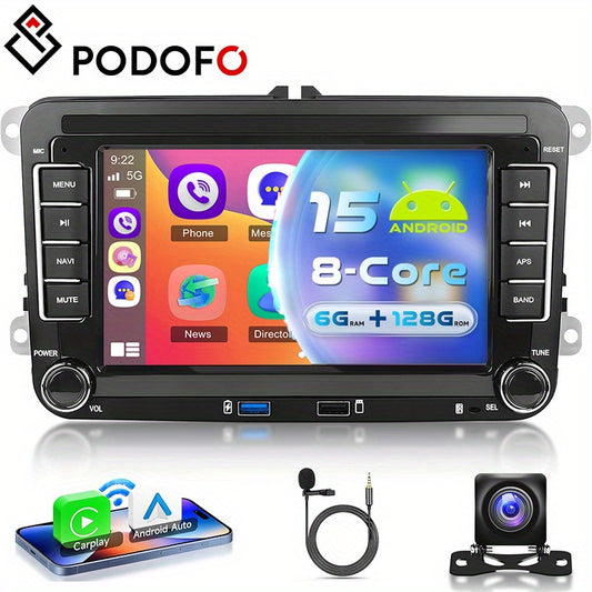 Podofo Android 15 Car Stereo for VW Golf 5/6, Passat, Jetta, Tiguan,, Caddy & More - 8-Core 6GB+128GB, 7-inch/9-inch HD IPS Touchscreen, CarPlay/Android Auto, GPS Navigation, Steering Wheel Control, Plug & Play (No Cables), A