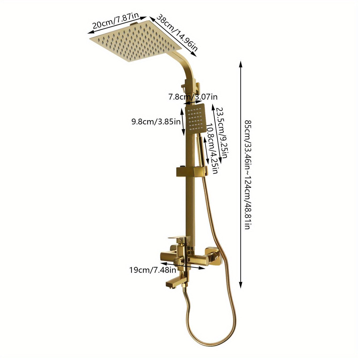 Doucheset – Douchekraan – Regendouche – Stortdouche – Handdouche – Verstelbare Hoogte 85-124 cm – Messing Gouden Afwerking