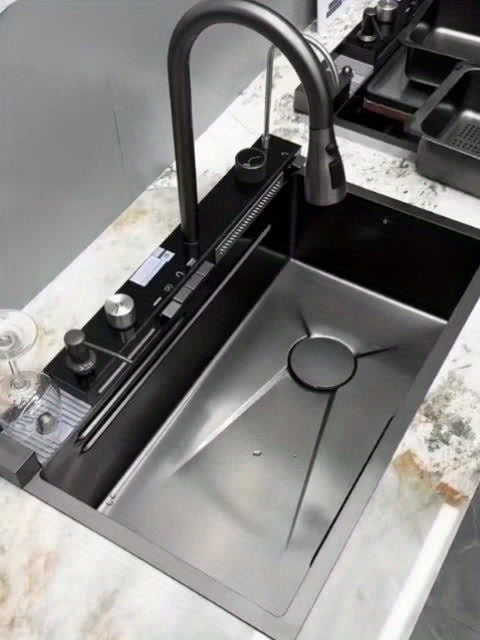 Keukenspoelbak – Spoelbak – Spoelbak RVS – Enkele Bak – Inbouw Spoelbak – Gunmetal Grijs – Grote Enkele Bak 68x45x22 cm – Honingraat Nano Coating & Waterval Afvoer