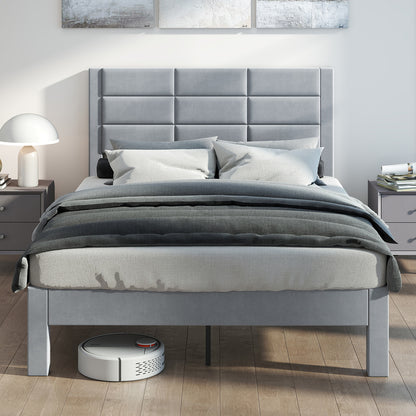 Upholstered Platform Bed – Gestoffeerd Bed – Bedframe – Boxspringbed – Slaapbed – 200x140 cm – Zacht Fluwelen Hoofdbord – Geluidsloos Met Houten Lattenbodem – Grijs