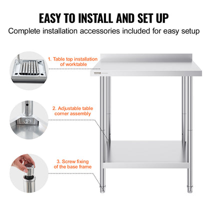 Werktafel RVS – RVS Werkblad – Inox Tafel – Roestvrijstalen Werkbank – Keukentafel – Verstelbare Legplanken – 61x76x91 cm – 201 RVS 0,8 mm