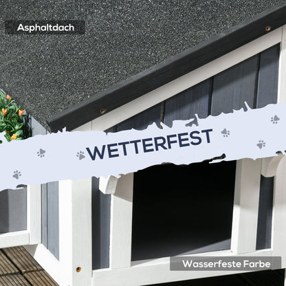 Buitenhuis Kat – Katzenhuis – Kattenhok – Kattenverblijf – Kattenhuisje – Grijs – Waterbestendig Grenenhout – Asphalt Dak met Verhoogde Vloer