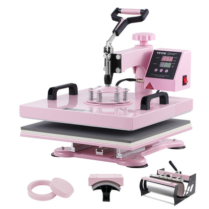 Warmtepers – Heat Transfer Machine – Persmachine – Transferpers – T-Shirt Pers – 5-in-1 Multifunctioneel – 15x15 Inch Verwarmingsplaat – Digitale Temperatuurregeling – Roze