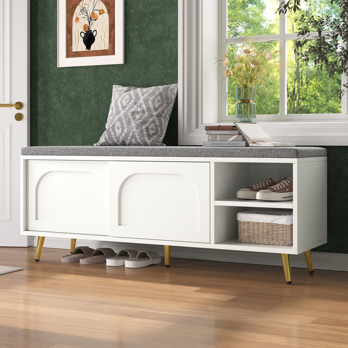Schoenenbank – Schoenopbergbank – Schoenenkast – Zitbank – Opbergbank – Wit Rattan – Comfortabel Katoenen Kussen – Ruimtebesparend Design