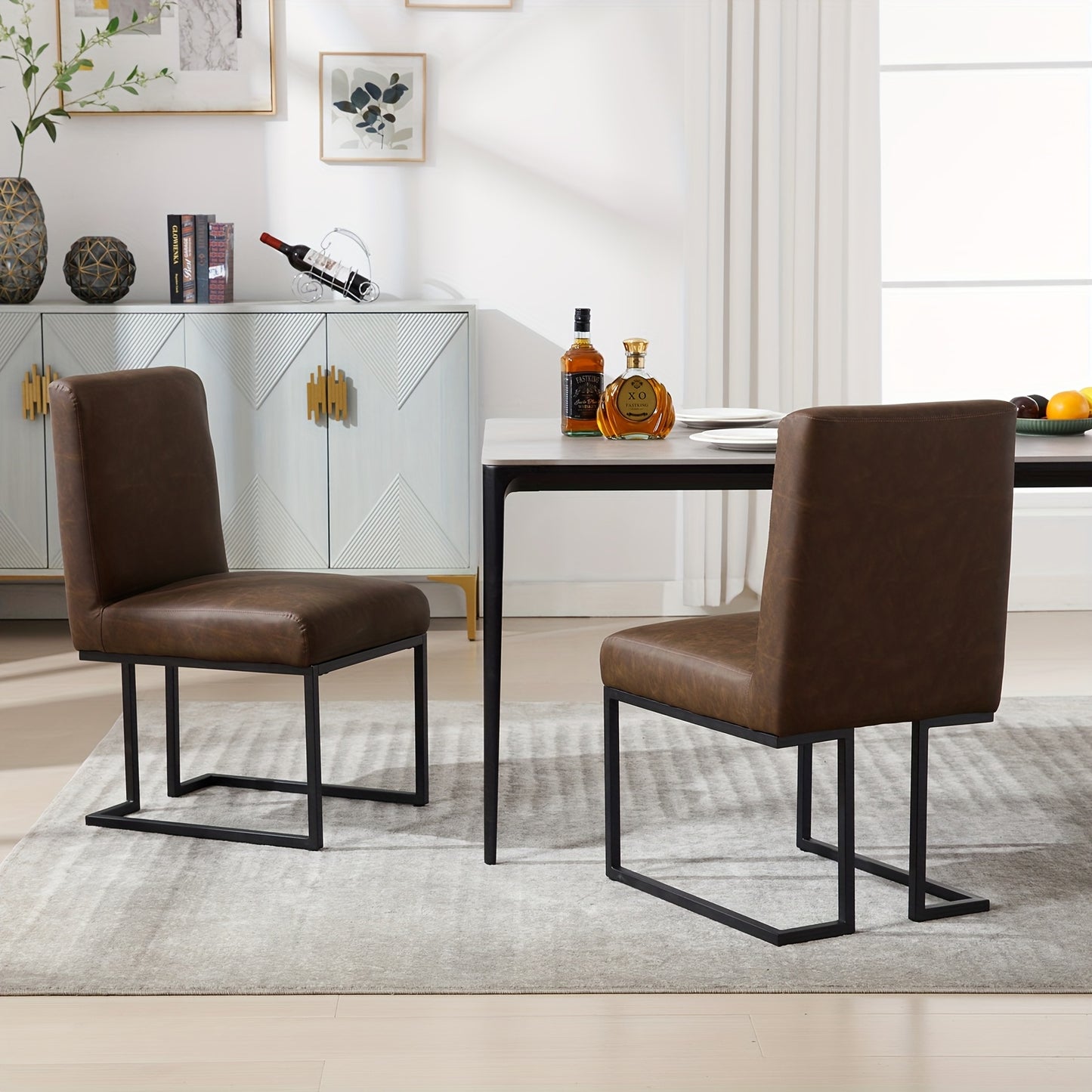 Eetkamerstoel – Stoel – Kuipstoel – Keukenstoel – Zonder Armleuningen – Set Van 2 – Gestoffeerd Kunstleer – Mat Zwart Metalen Frame