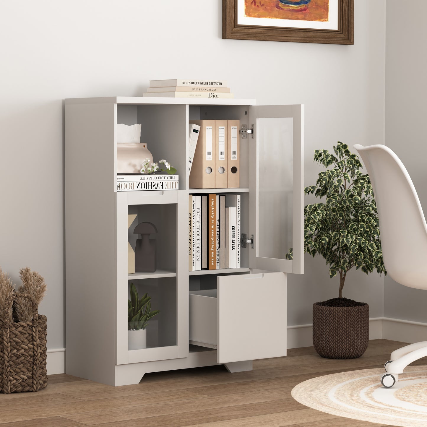Kledingkast – Garderobekast – Opbergkast – Dressoir – Wit Gelakt MDF – Glazen Deuren – Ruime Lade – Compact & Modern