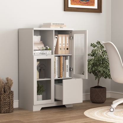 Kledingkast – Garderobekast – Opbergkast – Dressoir – Wit Gelakt MDF – Glazen Deuren – Ruime Lade – Compact & Modern