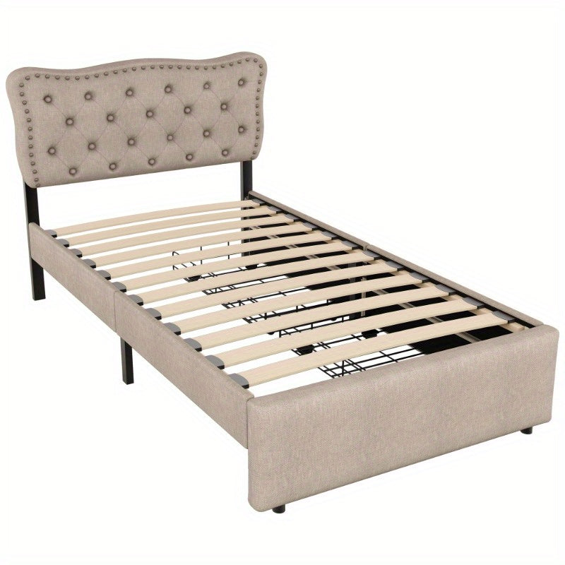 Gestoffeerd Bed – Boxspringbed – Slaapbank – Bedframe – Ledikant – 90x200 cm – Padded Hoofdbord Met Decoratieve Spijkers – Moderne Opberglades Donker Beige