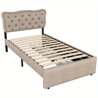 Gestoffeerd Bed – Boxspringbed – Slaapbank – Bedframe – Ledikant – 90x200 cm – Padded Hoofdbord Met Decoratieve Spijkers – Moderne Opberglades Donker Beige