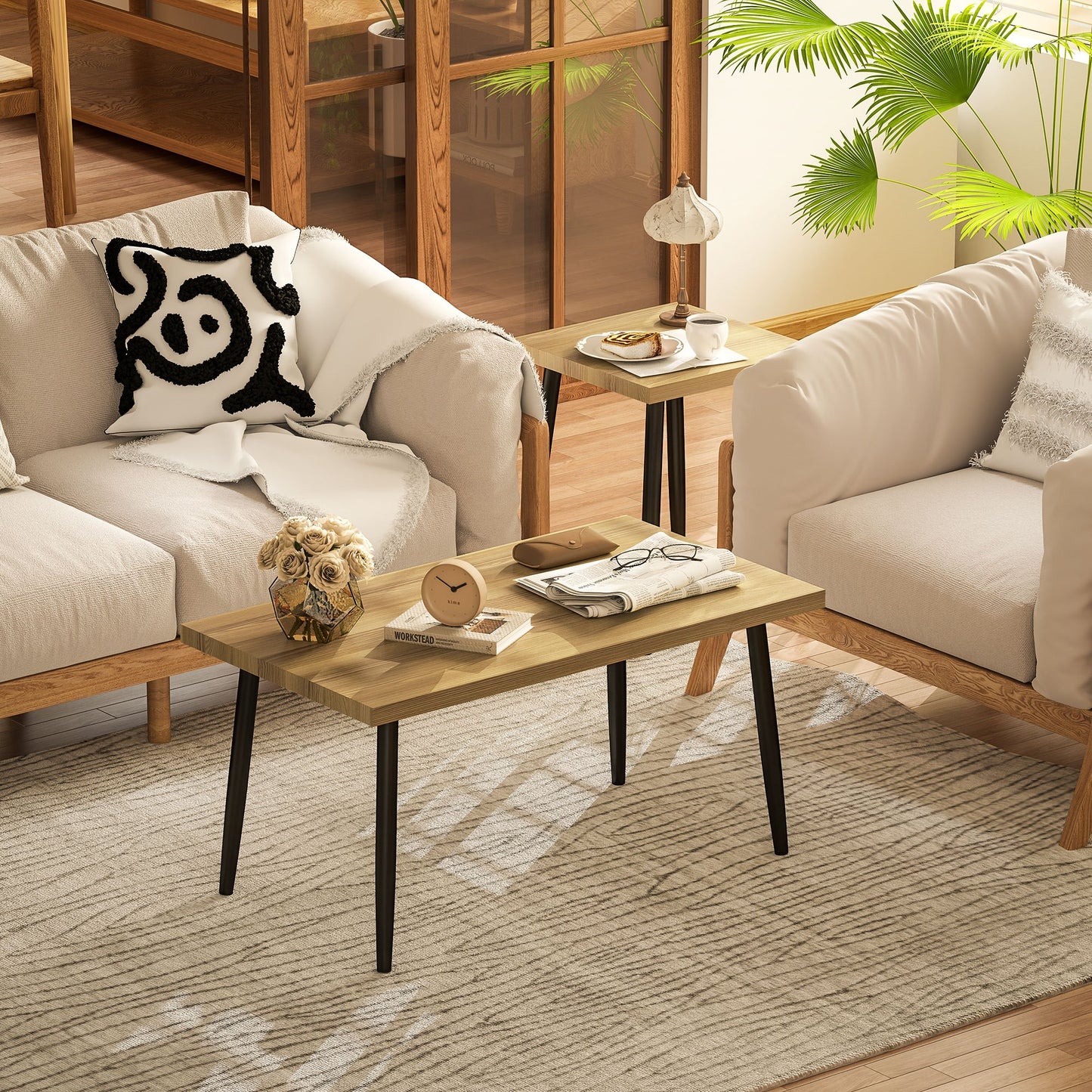Koffietafelset – Salontafel – Bijzettafel – Woonkamertafel – Sofa Tafel – 2-delig – Metalen Frame & Natuurlijk Houten Blad
