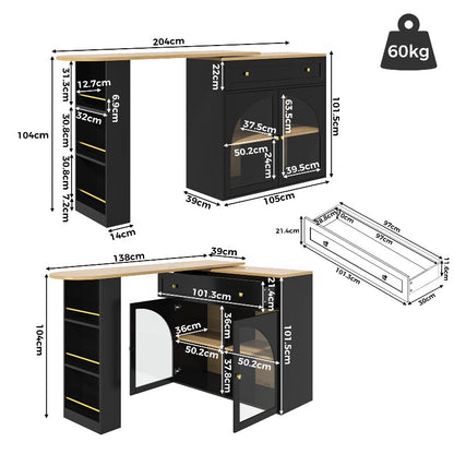 Uitschuifbare Bartafel – Hoge Tafel – Keukeneiland – Bistrotafel – Opberggedeelte – 138-204x39x104 cm – 360° Draaibaar – Modern Zwart Glas