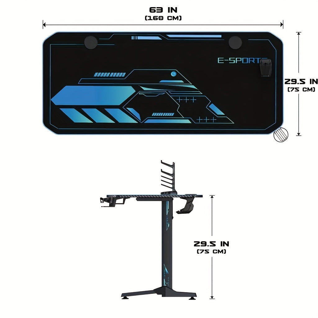 Gaming Bureau – Gamer Bureau – Computerbureau – Bureau Voor Thuiswerken – Studiebureau – Extra Ruim 160x75x75 cm – Inclusief Volledige Muismat & Bekerhouder Zwart Blauw