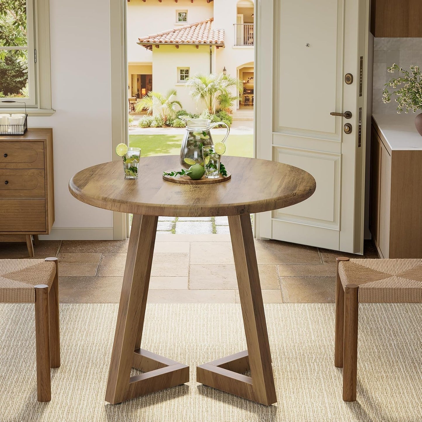 Ronde Eettafel – Kleine Tafel – Keukentafel – Ontbijttafel – Tafeltje – MDF Houtnerf – 80 cm Diameter – Geschikt Voor 2-4 Personen – Verstelbare Voetjes – Bruin