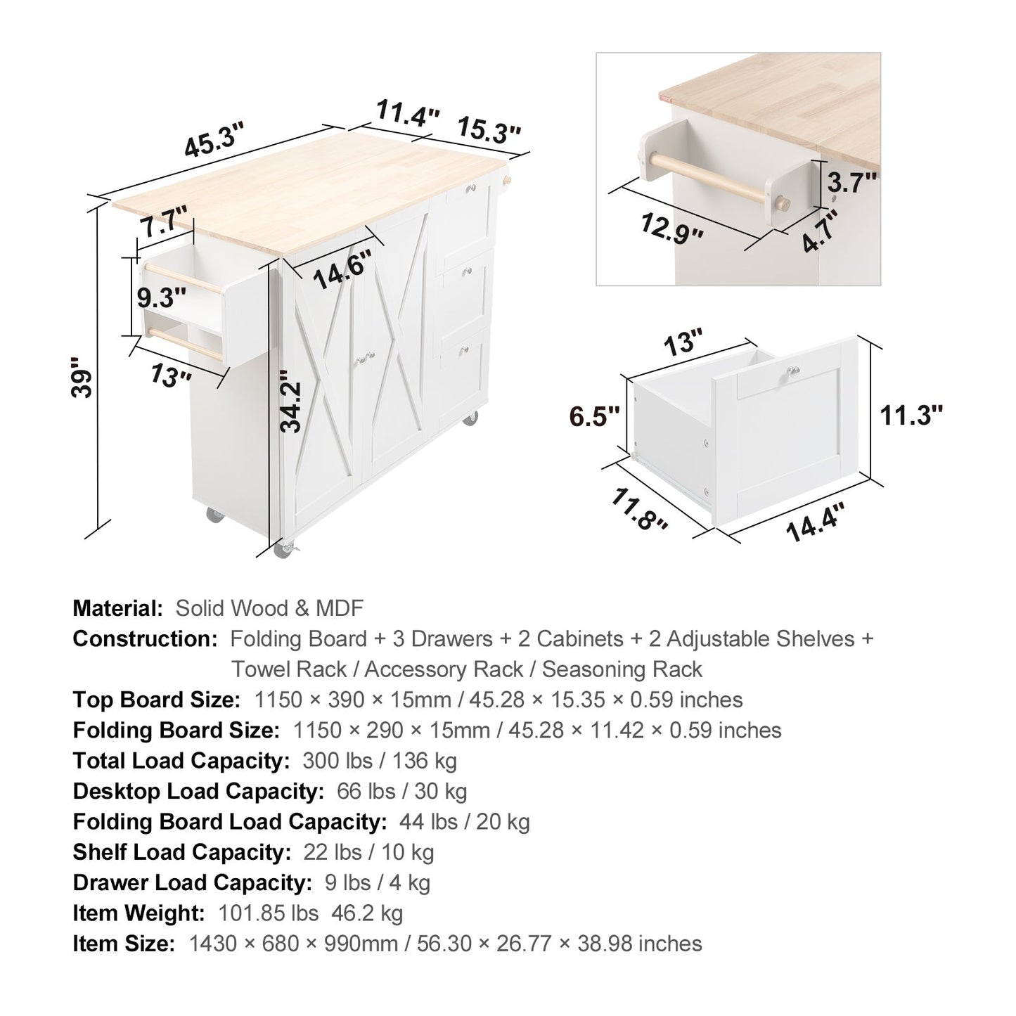 Keukentrolley – Keukenwagen – Serveerwagen – Mobiele Werkbank – Keukenkar – Massief Rubberhout Blad – Uitklapbare Zijpanelen – Verstelbare Planken – Wieltjes Met Rem – Wit