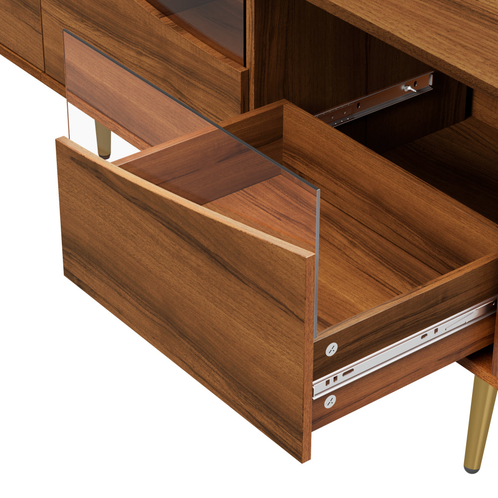 Modern TV Stand with Golden Metal Legs & Glass Top - Extra Long 180cm Media Console, Heavy-Duty Metal Construction, Built-in Storage Cabinet with Open Shelves & Closed Cabinets, Minimalist Living Room Furniture for Large TVs,