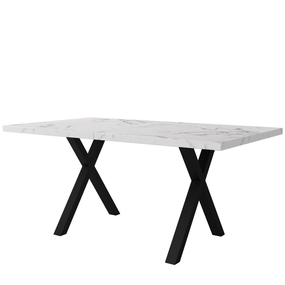 Uitbreekbare Eettafel – Uitklapbare Tafel – Verlengbare Tafel – Woonkamer Tafel – Keuken Tafel – Marmerlook Blad – Zwarte Metalen Poten – 140x80x76 cm – Wit MDF