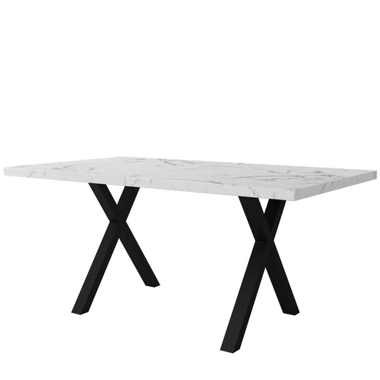 Uitbreekbare Eettafel – Uitklapbare Tafel – Verlengbare Tafel – Woonkamer Tafel – Keuken Tafel – Marmerlook Blad – Zwarte Metalen Poten – 140x80x76 cm – Wit MDF