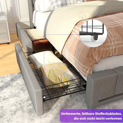 Opbergbed 90x200 cm – Opbergbedden – Ladebed – Bed met Opbergruimte – Slaapbank – Grijs Gestoffeerd – 4 Ruime Lades – Ingebouwd Oplaadstation