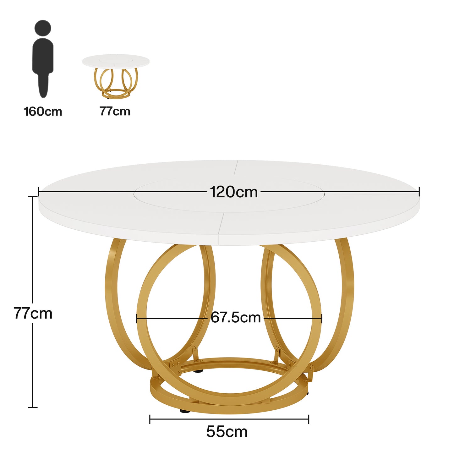 Ronde Eettafel – Keukentafel – Ronde Tafel – Eetkamertafel – Salontafel – Wit Tafelblad – Gouden Metalen Poten – 120 x 120 cm – Hittebestendig Houten Blad