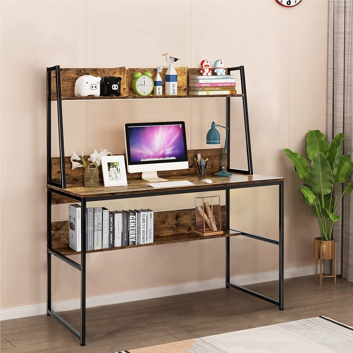 Bureau – Werktafel – Computerbureau – Schrijftafel – Studiebureau – Houtfineer Met Metalen Frame – Verstelbare Voeten – Opbergrek