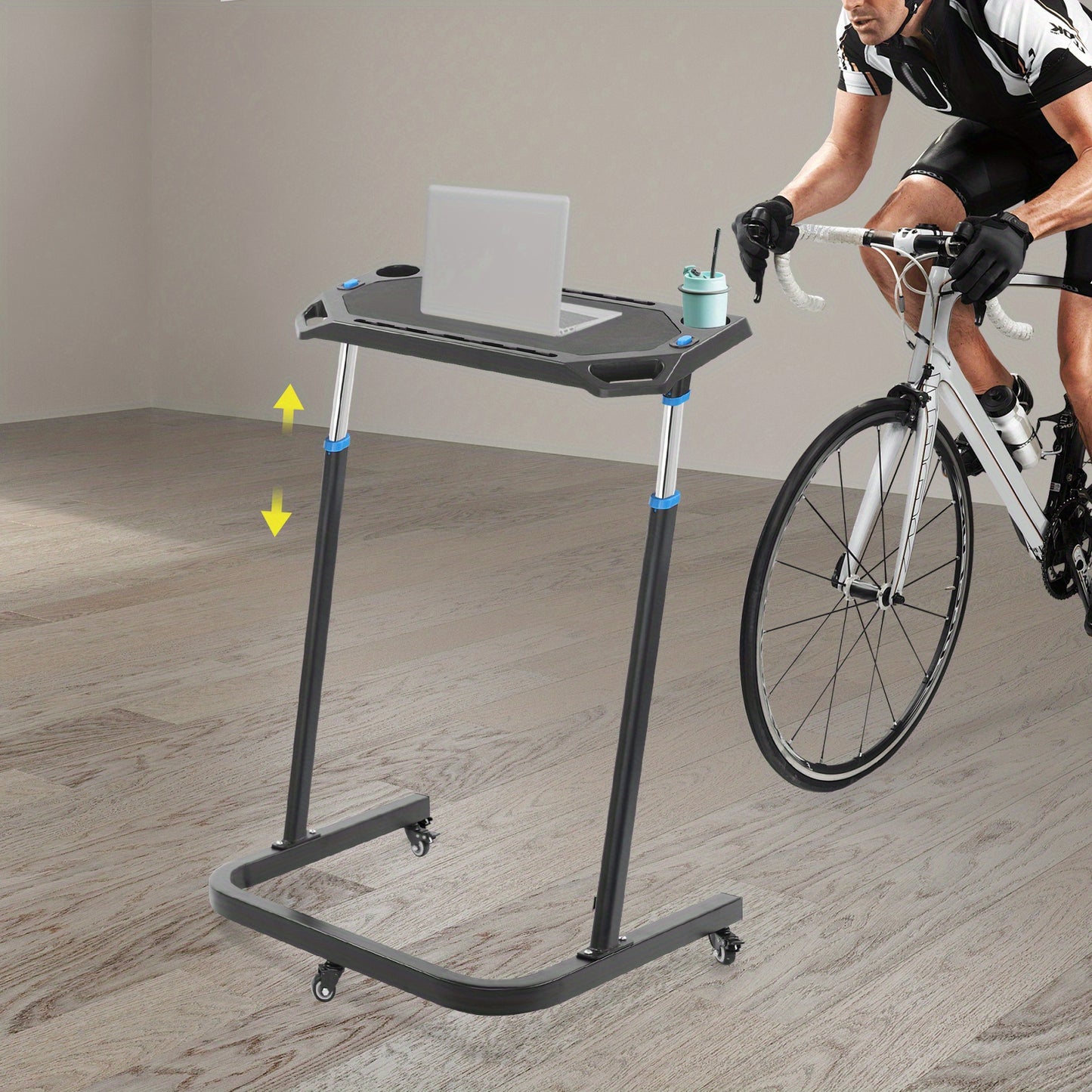 Fietstrainer Bureau – Verstelbaar Fietsbureau – Indoor Bike Desk – Hometrainer Tafel – Workout Bureau – RVS Stalen Frame – Verstelbare Hoogte en Lockbare Wielen – Antislip Oppervlak – Compact en Mobiel – Zwart