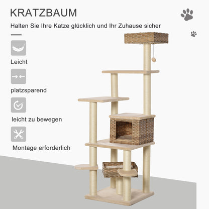 Krabpaal – Kattenboom – Kattenhuis – Krabmeubel – Kattentoren – Meerlaags Met Sisal En Kattenhol – Stevig E1 MDF 174 cm Hoog – Beige Bruin