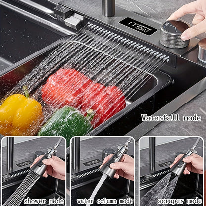 Kitchen Sink, 68*45cm/80*45cm Drop In Waterfall Kitchen Sinks Workstation with Cup Washer, Stainless Steel Undermount Single Bowl Basin with All Accessories, Household Waterfall Sinks
