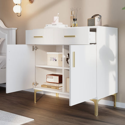 Dressoir – Opbergkast – Ladekast – Buffetkast – Kast – Wit – Met 2 Deuren En 2 Laden – Metaal Handgrepen En Poten – 80x35x79,5 cm – Massief Hout