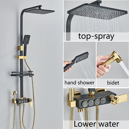 Regendouche – Douchesysteem – Douchekop – Handdouche – Waterval Douche – Zwart-Gouden Afwerking – Messing Materiaal – Thermostatische Mengkraan