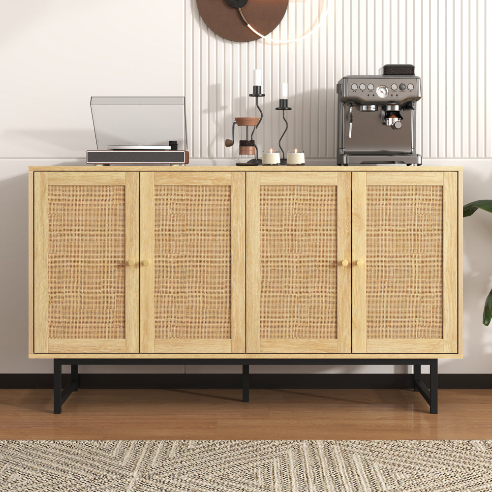 Sideboard, 140x39.5x80cm, featuring genuine rattan weave, four doors, ample storage space to meet your diverse needs, making it the ideal choice for your dining and living room furnishings.