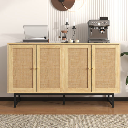 Sideboard, 140x39.5x80cm, featuring genuine rattan weave, four doors, ample storage space to meet your diverse needs, making it the ideal choice for your dining and living room furnishings.