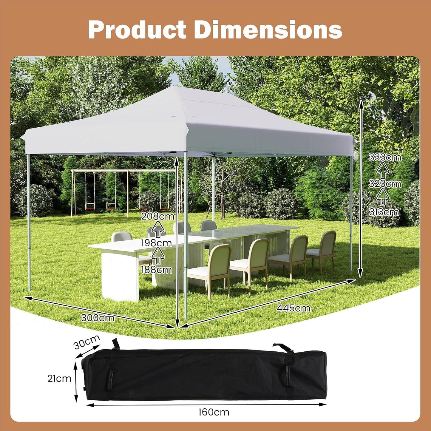 Pop-up Pavilion – Tent – Partytent – Tuinpaviljoen – Opvouwbare Overkapping – 3 x 4,5 Meter – Waterafstotend Oxford Polyester – Verstelbare Hoogte met Draagtas en Wieltjes – Wit