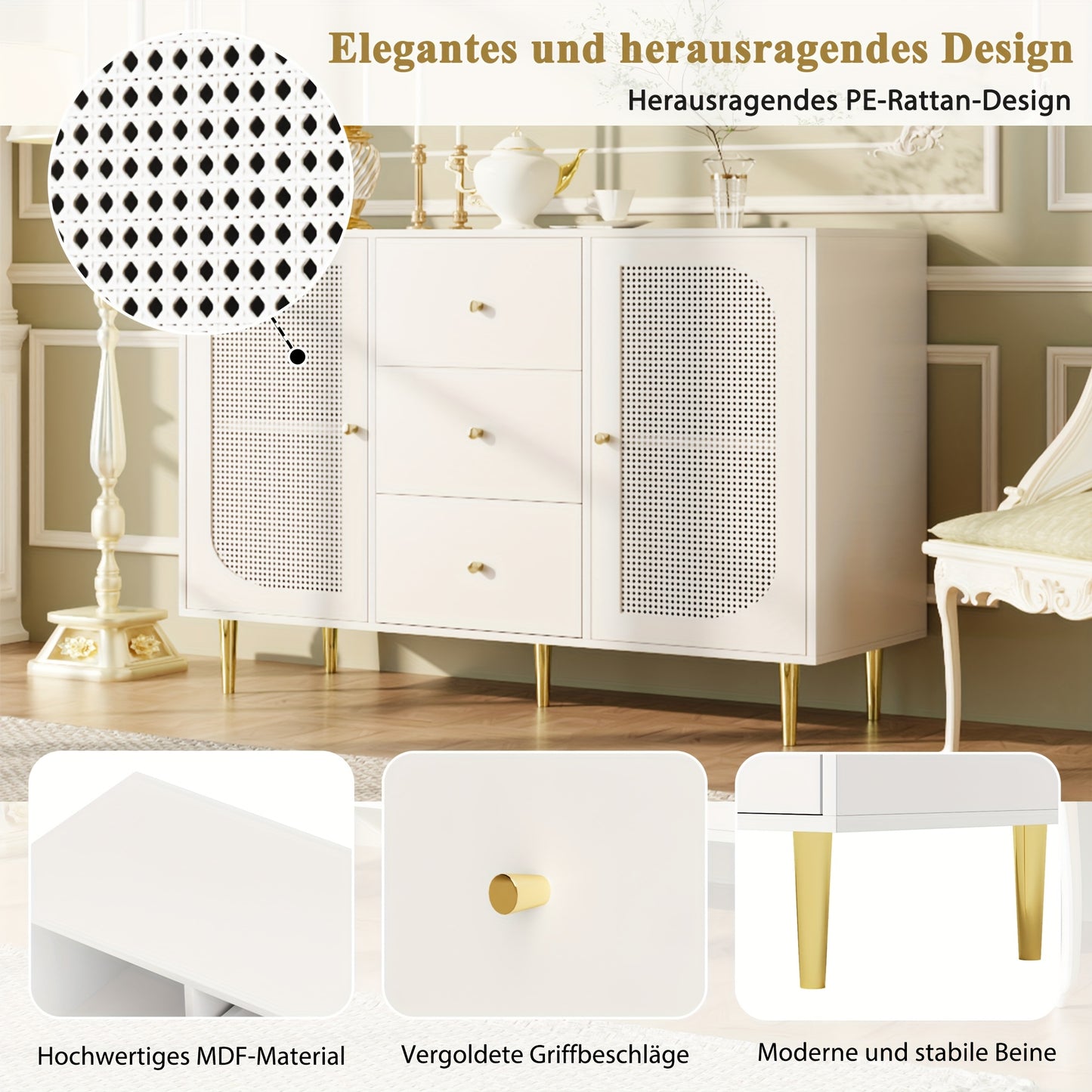 Dressoir – Sideboard – Opbergkast – Ladekast – Kast – Wit – MDF & Rattan – Multifunctionele Meubelset