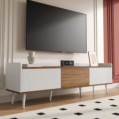TV cabinet, TV table, TV stand, three door cabinet, compact design, white and natural wood grain finish, height 49.5cm * length 160cm * width 39cm,  Media Storage, Sleek Cabinet, Modern Design, Easy Assembly, Console Table, D