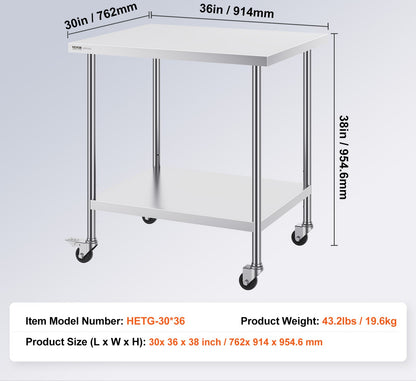 RVS Werktafel – Roestvrijstalen Werkbank – Keukentafel – Cateringtafel – Professionele Werktafel – 91x76x97 cm – 3 Verstelbare Planken – 4 Zwenkwielen Met Rem