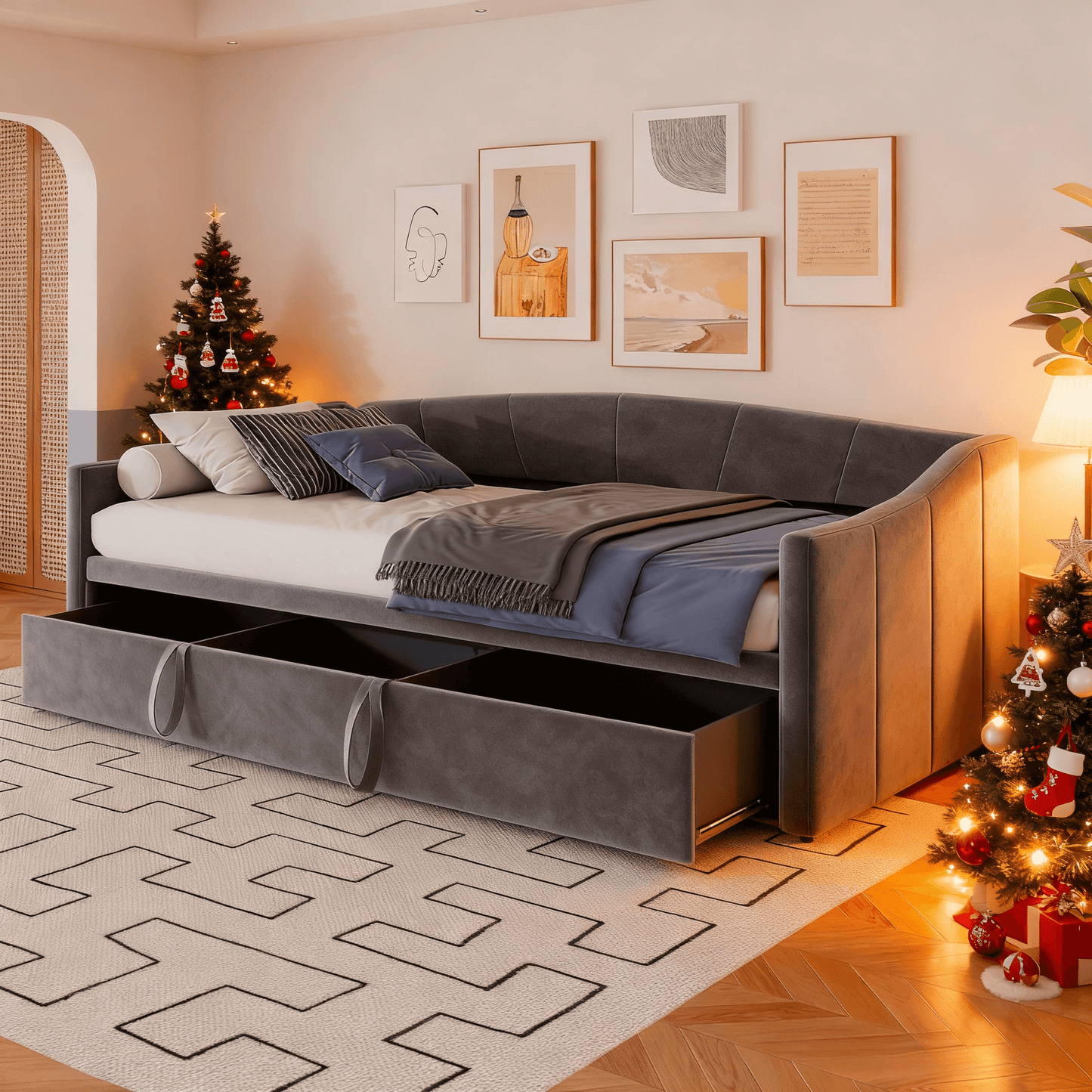 Slaapbank – Bedbank – Logeerbed – Sofa met slaapfunctie – Tweepersoonsbed – Fluwelen bekleding – 90x200 cm – Houten lattenbodem – Eenvoudige montage