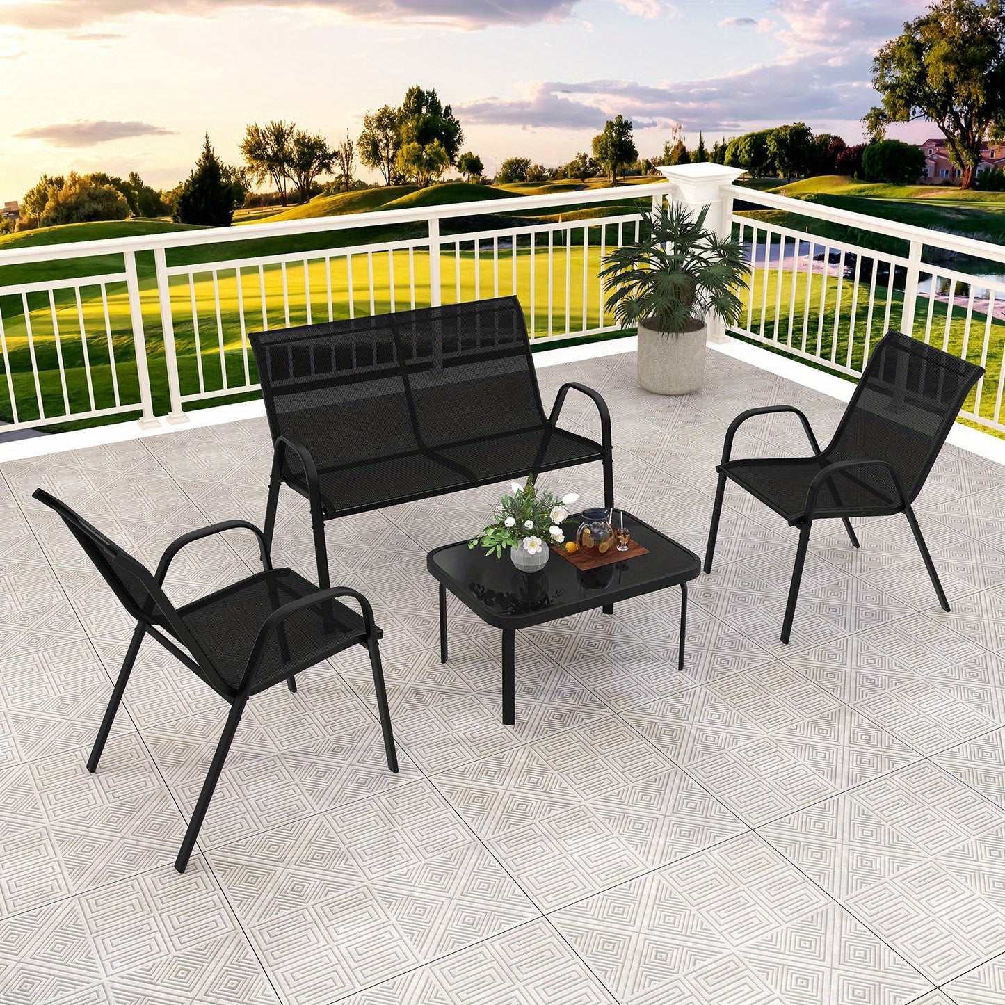 4pcs Garden Furniture Set, Balcony Furniture, Patio Furniture, Seating Group, Seating Set for 4 Persons, Garden Set Incl. 2 Chairs, Bench & Table, for Balcony, Terrace, Garden