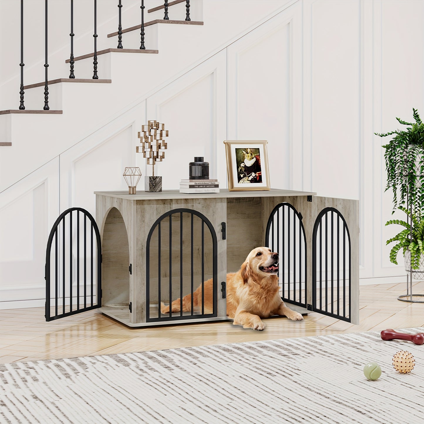 Hondenhok – Hondenkennel – Hondenbench – Hondenkooi – Huisdierenbench – Modern Arched Design – 3 Deuren – 60x100x63 cm – Voor Kleine Tot Middelgrote Honden – Gemaakt Van Stevig Metaal En Hout – Multifunctioneel Met Zijtafel – Ivoor Kleur