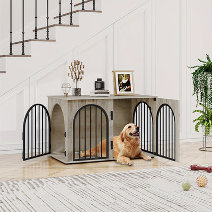 Hondenhok – Hondenkennel – Hondenbench – Hondenkooi – Huisdierenbench – Modern Arched Design – 3 Deuren – 60x100x63 cm – Voor Kleine Tot Middelgrote Honden – Gemaakt Van Stevig Metaal En Hout – Multifunctioneel Met Zijtafel – Ivoor Kleur