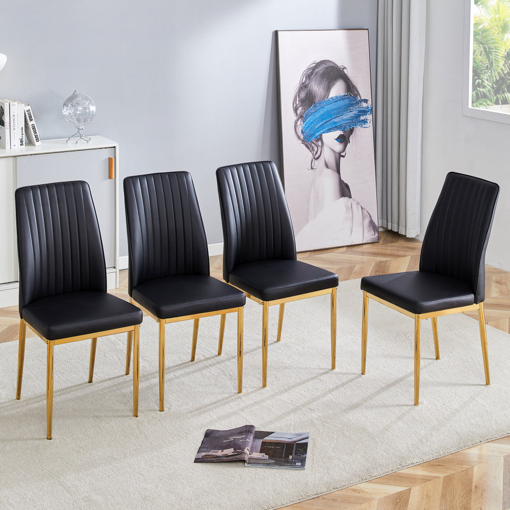 4pcs Stylish Black Dining Chair Set | Golden Metal Legs and Black PU Leather, Modern Style, Solid Back, Wipe Clean Care