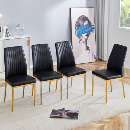4pcs Stylish Black Dining Chair Set | Golden Metal Legs and Black PU Leather, Modern Style, Solid Back, Wipe Clean Care