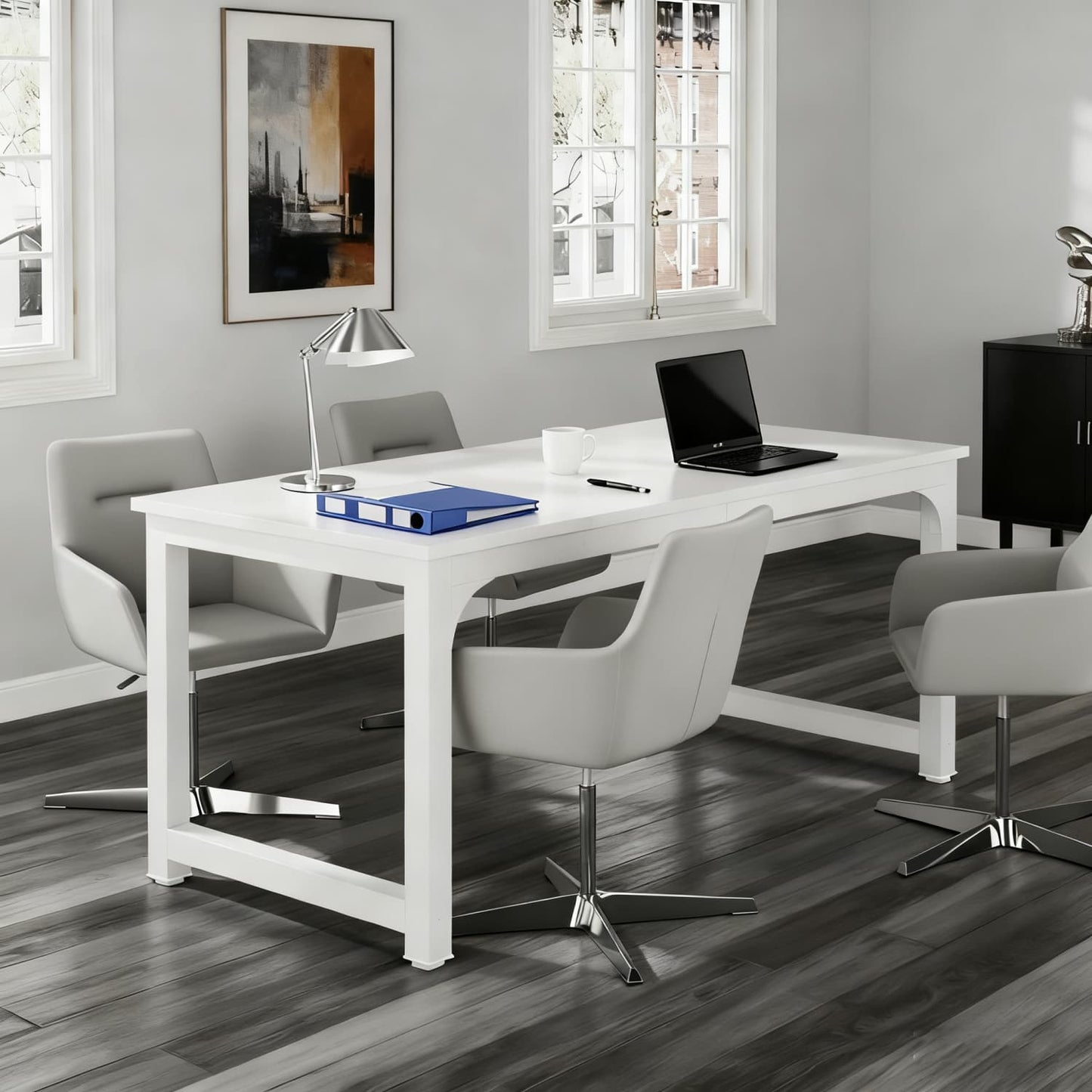 Bureau – Computertafel – Werkplek – Schrijftafel – Laptoptafel – Wit – Groot 160x80 cm – Met Lade en Kabelgoot – Stevig Houtfineer en Metalen Onderstel