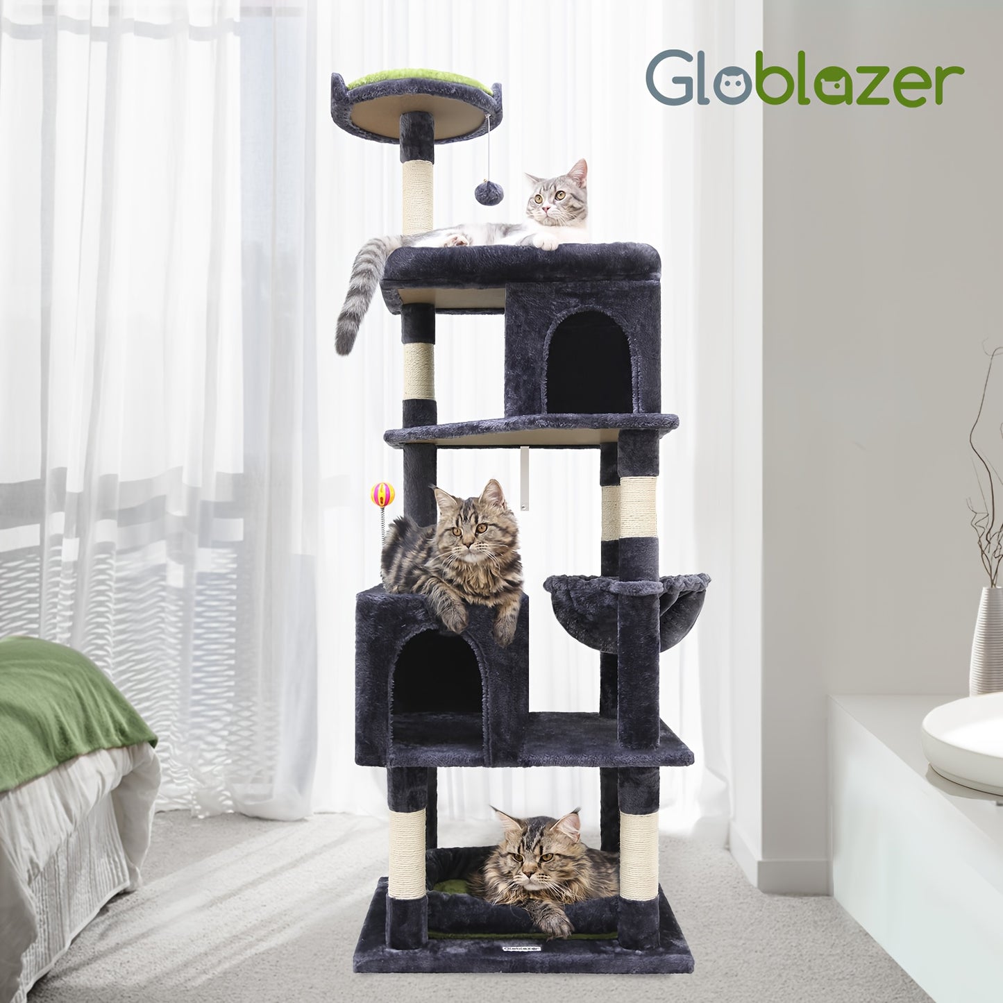 Kattenkrabpaal – Krabpaal – Krabmeubel – Kattenboom – Krabton – Extra Stevig En Ruim – 72 Inch Hoog Voor Grote Katten Vanaf 9 Kg – Met 6 Krabpalen En Hangmat – Donkergrijs