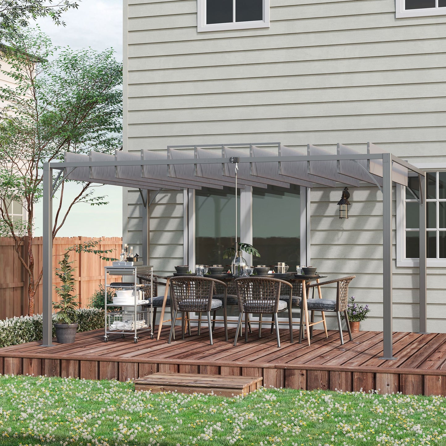 bioclimatische pergola – aluminium overkapping – tuin luifel – zonnescherm – terrasoverkapping – Verstelbare lamellen tot 135° – Duurzaam epoxy aluminium frame – Grijs – 3,9 x 2,95 m