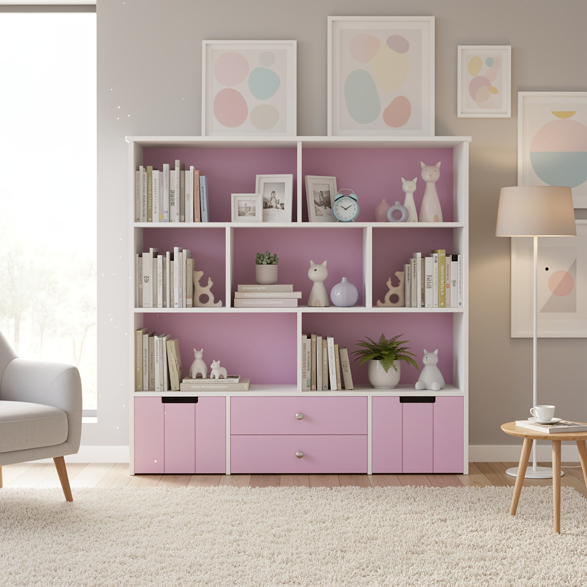 Boekenkast – Opbergkast – Vakkenkast – Wandkast – Boekenrek – 4-laags met Afsluitbare Lades – Stevig Houten Frame met Wieltjes