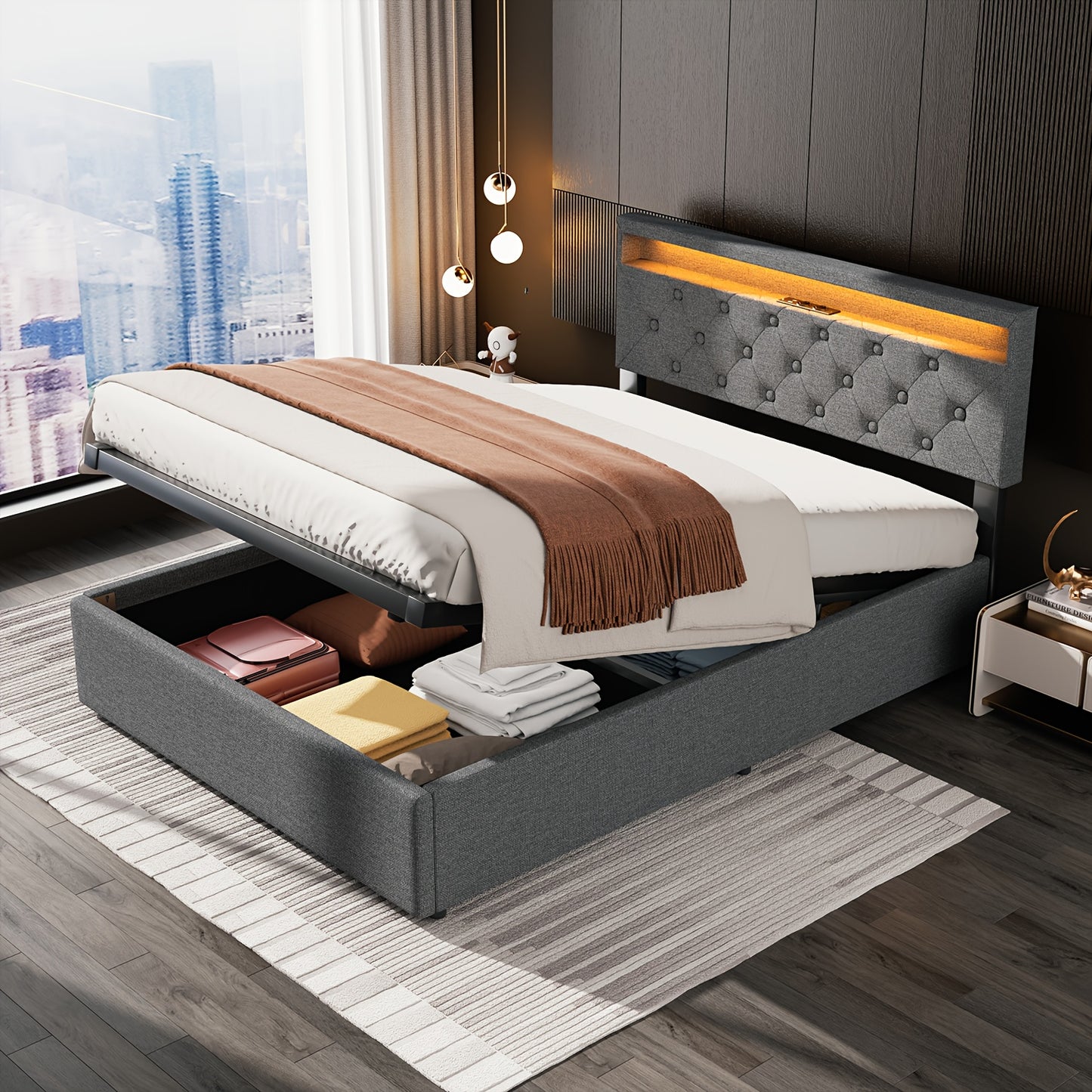 Boxspringbed – Boxspring – Bed – Bedframe – Boxspringbed Met Opbergruimte – 140x200 cm – Stof Linnen – Hydraulische Opbergruimte – LED Hoofdbord